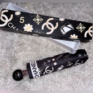 CHANEL Black & Cream Logo-Print Compact Umbrella